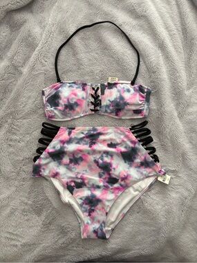 NWT VS Victorias Secret Swim Pink Gray Tie-Dye High-Waist Bikini Set Small Large